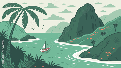 Tropical island landscape with palm trees mountains and a sailboat on the turquoise ocean view scene