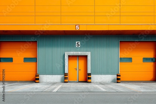 Modern industrial warehouse with orange garage doors and the number on the wall, photographed from the outside. 