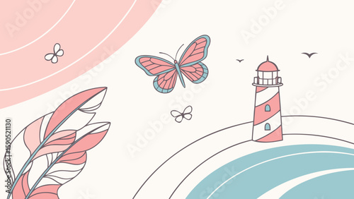 Illustration of a lighthouse with butterflies and feathers in a pastel color palette scene design