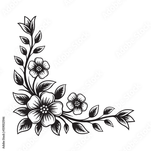 A striking black and white floral corner element with intricate flowers and leaves, creating a sophisticated and timeless decorative accent