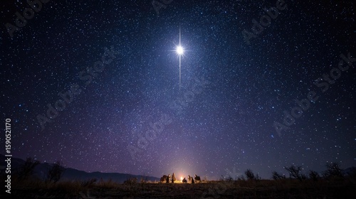 Serene Night Sky with Bright Star Over Campfire Gathering in Remote Wilderness, Sparkling Stars and Milky Way Visible in Dark Blue Atmosphere