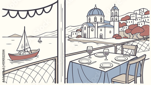 View of a sailboat and greek village from a restaurant table set for dinner with wine glasses and plates