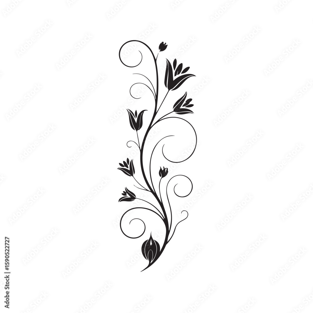A vertical black and white floral illustration with stylized flowers, leaves, and swirling vines, isolated on a white background A vertical black and white floral illustration with stylized flowers, leaves, and swirling vines, isolated on a white background