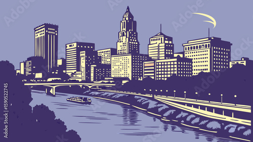 Cityscape illustration featuring a river with a boat and several tall buildings in the background
