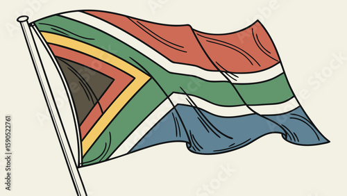 Illustration of the south african flag waving on a pole with a light background color and black outlines