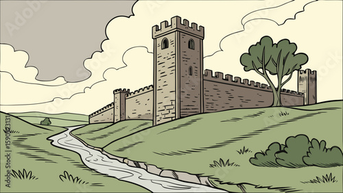 Illustration of a medieval castle with a river flowing in the foreground under a cloudy sky view