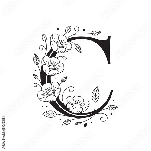 Elegant letter c adorned with delicate floral blossoms and swirling leaves, isolated on a white background