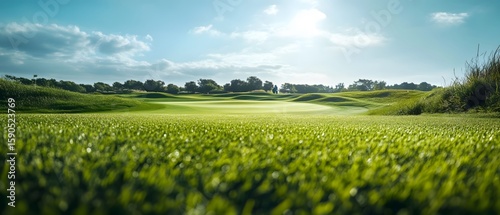 On the golf course, players elegantly swing their clubs against the backdrop of vast green fields and blue skies