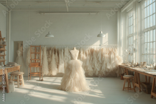Elegant wedding dress displayed on mannequin in bright atelier