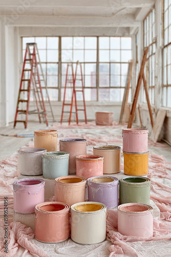 Paint cans in pastel colors decorating a room under renovation