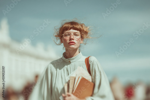 Young student carrying books in front of university building
