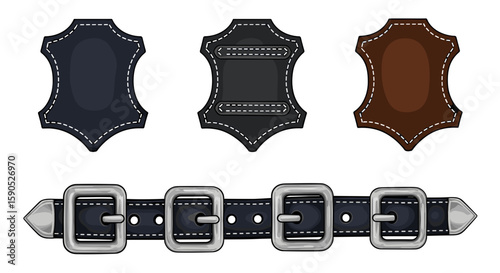 Illustration of three leather patches and a leather belt with three silver buckles displayed neatly