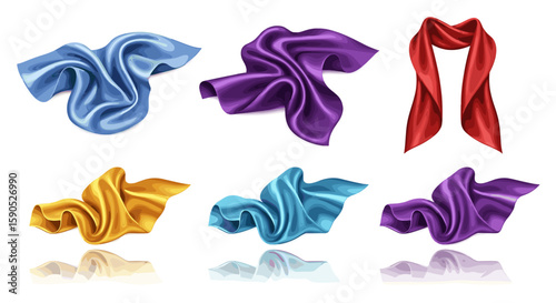 Illustration of six colorful silk scarves with different shapes and reflections on a white background