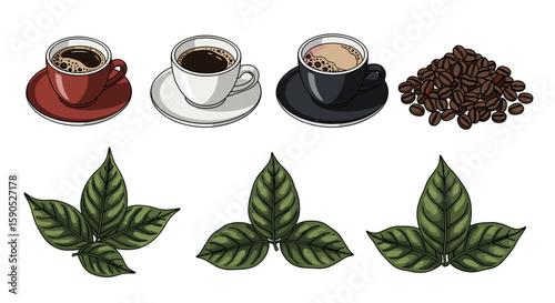 Three cups of coffee with coffee beans and three coffee leaves arranged on a white background