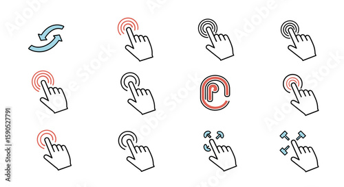Collection of various hand gestures including pointing touching and finger movements presented as icons