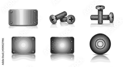 Illustration of metal plates with screws and bolts in a monochromatic grey scale arrangement on white