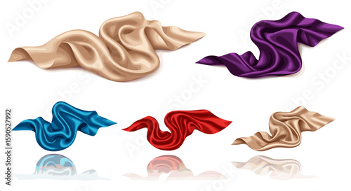 Collection of five colorful silk fabrics draped and arranged on a white background with reflections