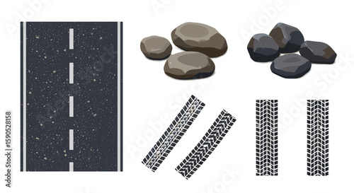 Asphalt road with rocks tire tracks and white lines for transportation and outdoor adventure scene design