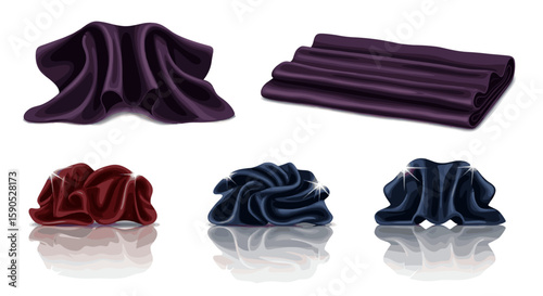 Illustration of five pieces of draped and folded fabric in various shapes and colors on a white surface