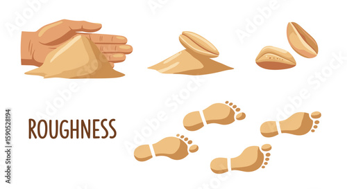 Illustration showing hand touching sand, grains, and footprints with the word roughness below them