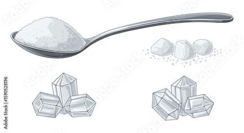 Illustration of a spoon filled with white sugar and sugar crystals on a white background image art