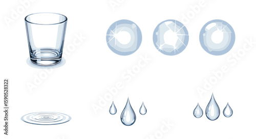 Illustration showing an empty glass with water droplets and ripples on a white background scene here