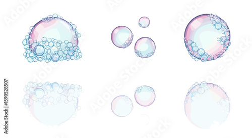 A collection of six iridescent soap bubbles of varying sizes and shapes on a white background space