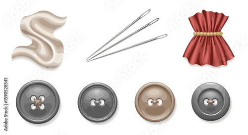 Illustration showing sewing supplies including fabric needles and buttons on a white background surface