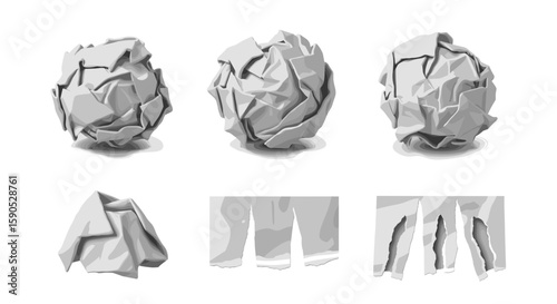 Illustration of crumpled paper balls and folded paper, rendered in grayscale, on a white background