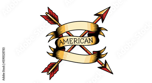 Two crossed arrows with red fletching and a banner displaying the word american in black letters