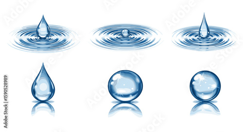 Illustration of water droplets falling and creating ripples in a pool of water on a white background
