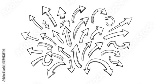 Collection of hand drawn arrows pointing in various directions in a scattered arrangement on white background