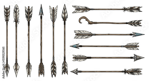 Collection of various arrows with different fletchings and arrowheads in an artistic arrangement