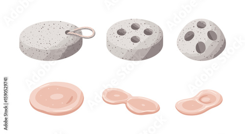 Illustration of pumice stones in various shapes and sizes with skin cells underneath them isolated