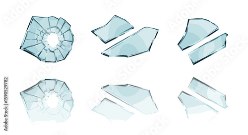 Illustration showing a collection of six different arrangements of shattered or broken glass pieces on white