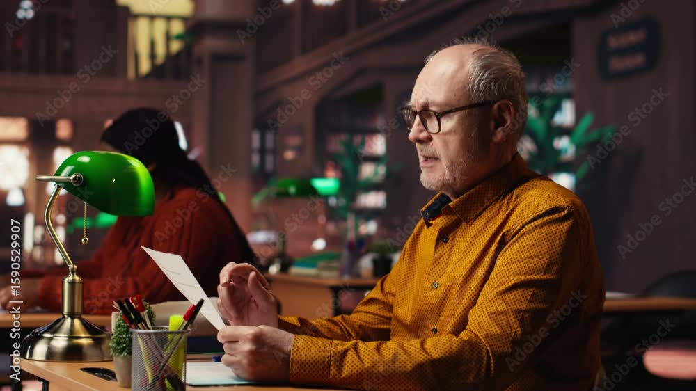Aged man in a study area surrounded by library books and paperwork, preparing for university coursework and thesis writing with academic database materials at the campus. Camera B.