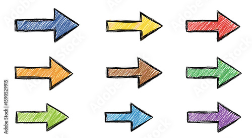 Illustration of nine colorful sketched arrows pointing right arranged in a three by three grid pattern