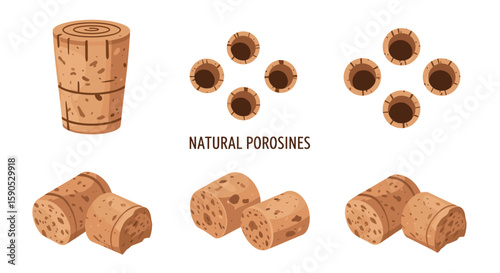 Illustration of various corks showing natural porosities and different perspectives of the cork material