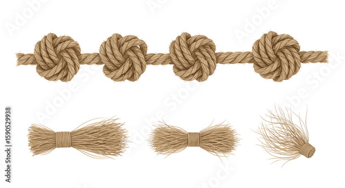 Arrangement of rope knots and tied bundles of straw on a white background in a studio shot setting