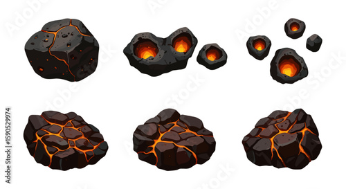 Illustration of volcanic rocks and floating lava stones with bright orange glowing lava cracks