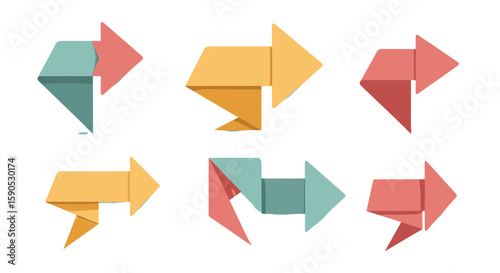 Illustration of six origami style arrows in various colors and orientations on a white background