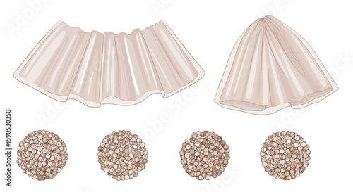 Illustration showing two draped fabrics and four oval shapes filled with small circles design art