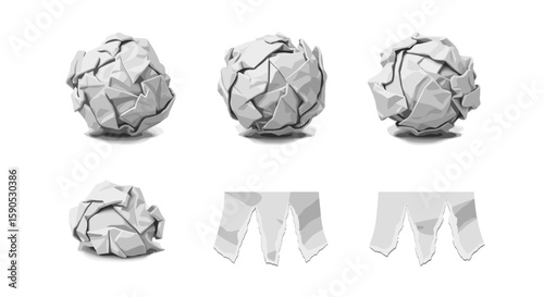 Illustration depicting multiple crumpled paper balls and torn paper strips on a white background