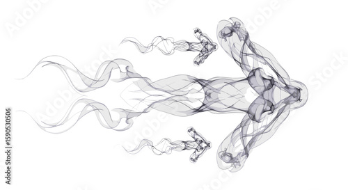 Abstract smoke formation creating a symmetrical design on a white background with wavy patterns and swirls