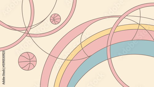Pastel background with basketballs and curved lines in shades of pink yellow and blue design element