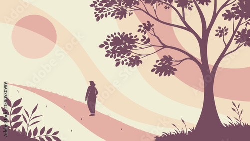 Silhouette of a person walking on a path with a tree and sun in the background in a serene landscape