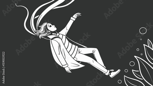 Person falling or floating in a black space with hair flowing and aquatic plant life present in the scene