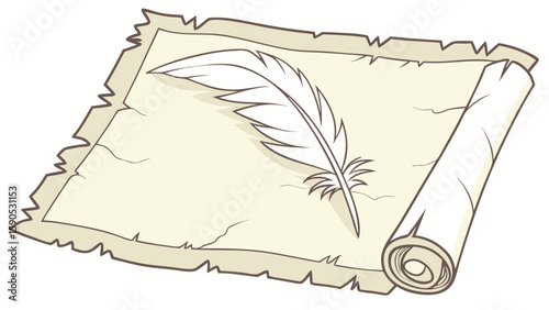 Illustration of a quill pen resting on a parchment scroll with a rolled edge and jagged borders