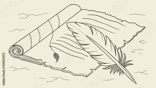 Illustration of a scroll and feather quill pen on a parchment paper with a vintage aesthetic look