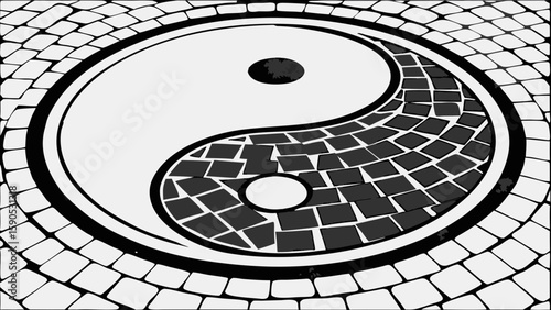 Yin yang symbol surrounded by a cobblestone pattern with dark and light contrast creating balance and unity